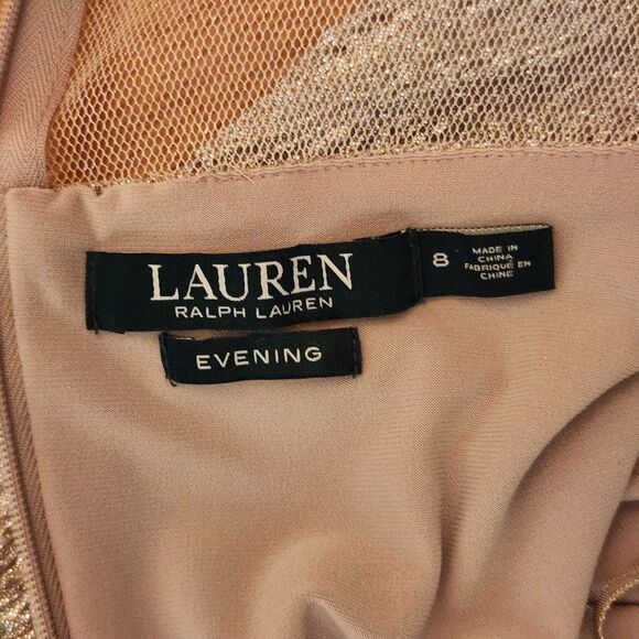 Lauren Ralph Lauren Evening Gold Dress w/ Sheer Bodice, Neck Embellishment Sz 8 - Picture 7 of 15